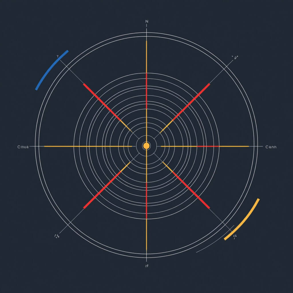 Zentrale kreisförmige Visualisierung mit feiner Linienstruktur und modularen Segmenten; technische, bauhaus-orientierte Präzision; Akzente in Rot, Blau und Gelb